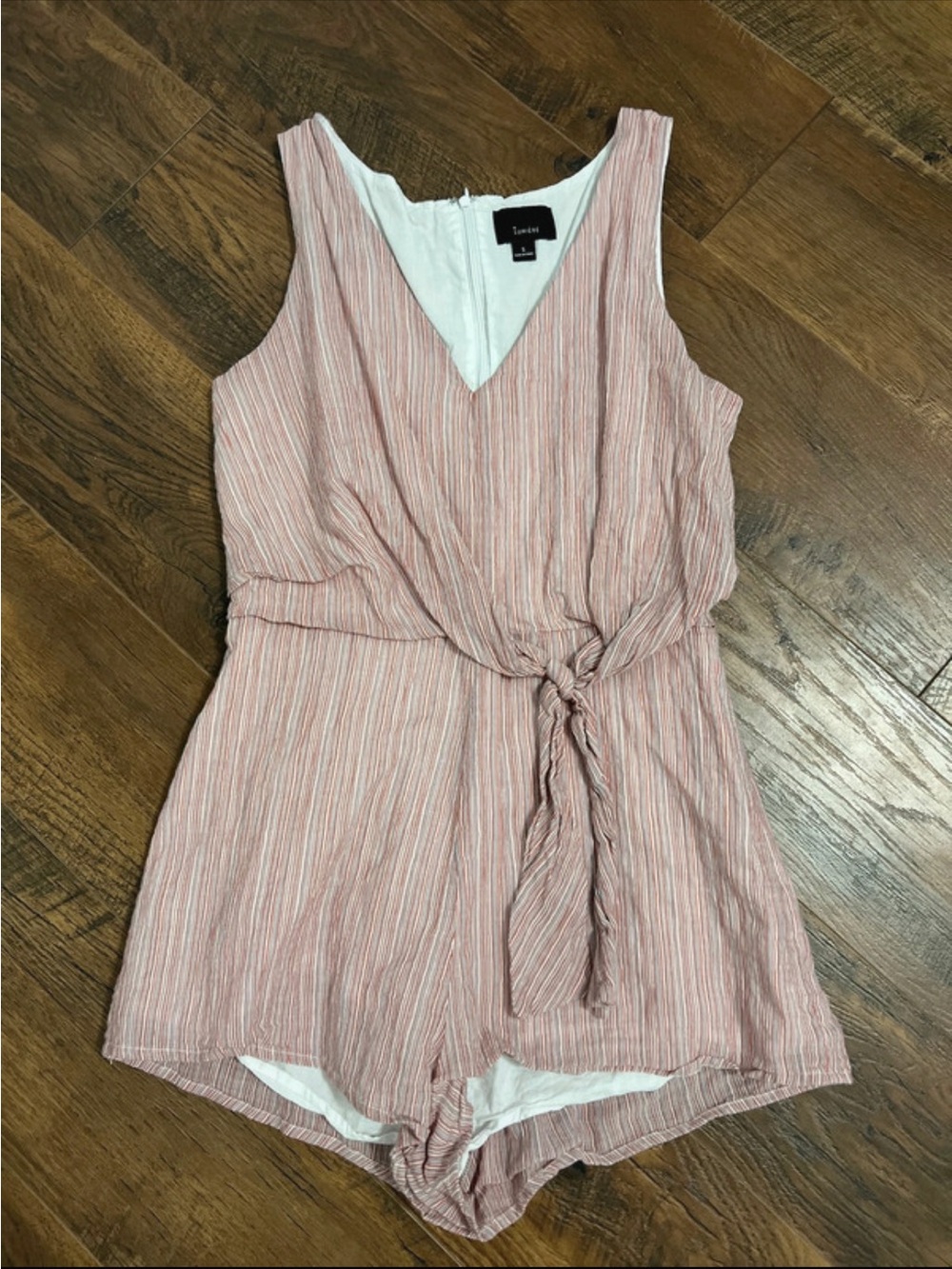 Lumiere Pink Striped V-Neck Sleeveless Romper with Tie Waist